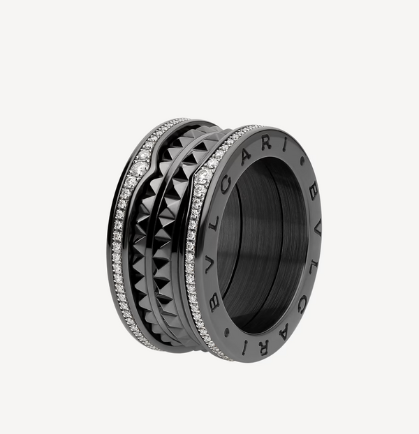 ˇTrend JewelryˇZERO 1 ROCK VIERBAND-RING AUS SCHWARZER KERAMIK MIT SPIRALE UND DIAMANTEN