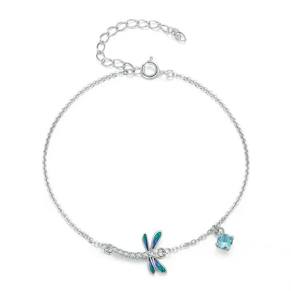 [STREET]Silver Green and Blue Enamel Dragonfly Bracelet Insect Chain Link for Women