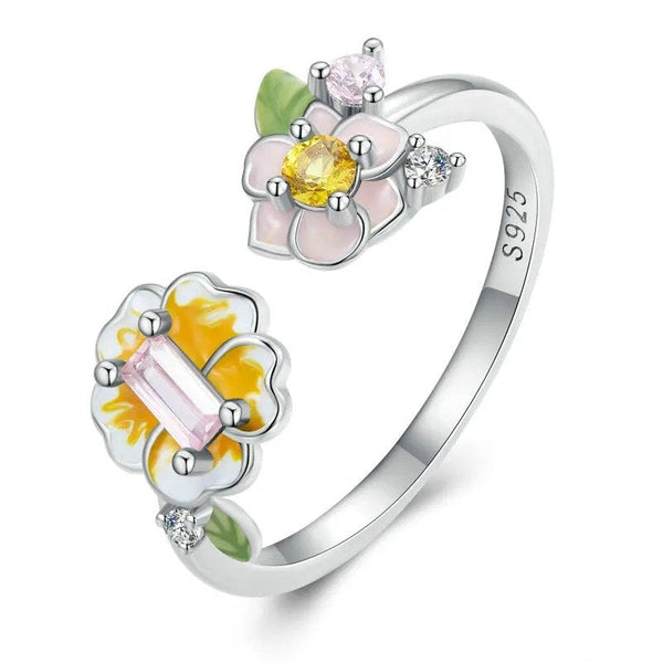 [STREET]Colorful Enamel Flower Adjustable Ring Yellow Zircon Open Ring