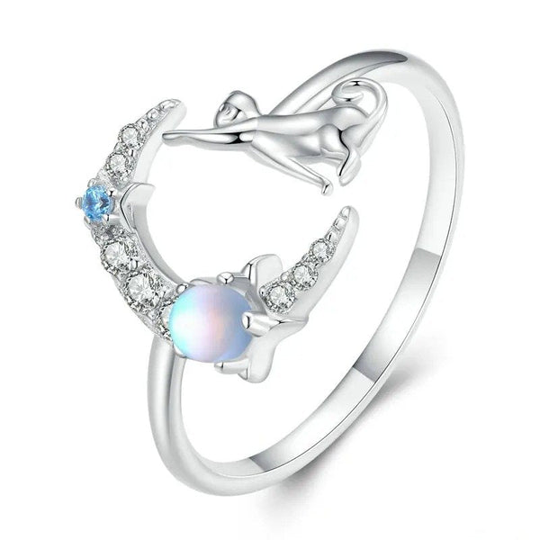 [STREET]Cat and Moon Cute Animal Opening Ring Moonstone Adjustable Ring