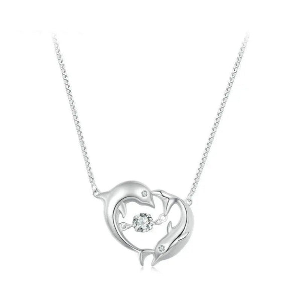 [STREET]Double Dolphins Necklace Shiny Zircon Love Neck Chain